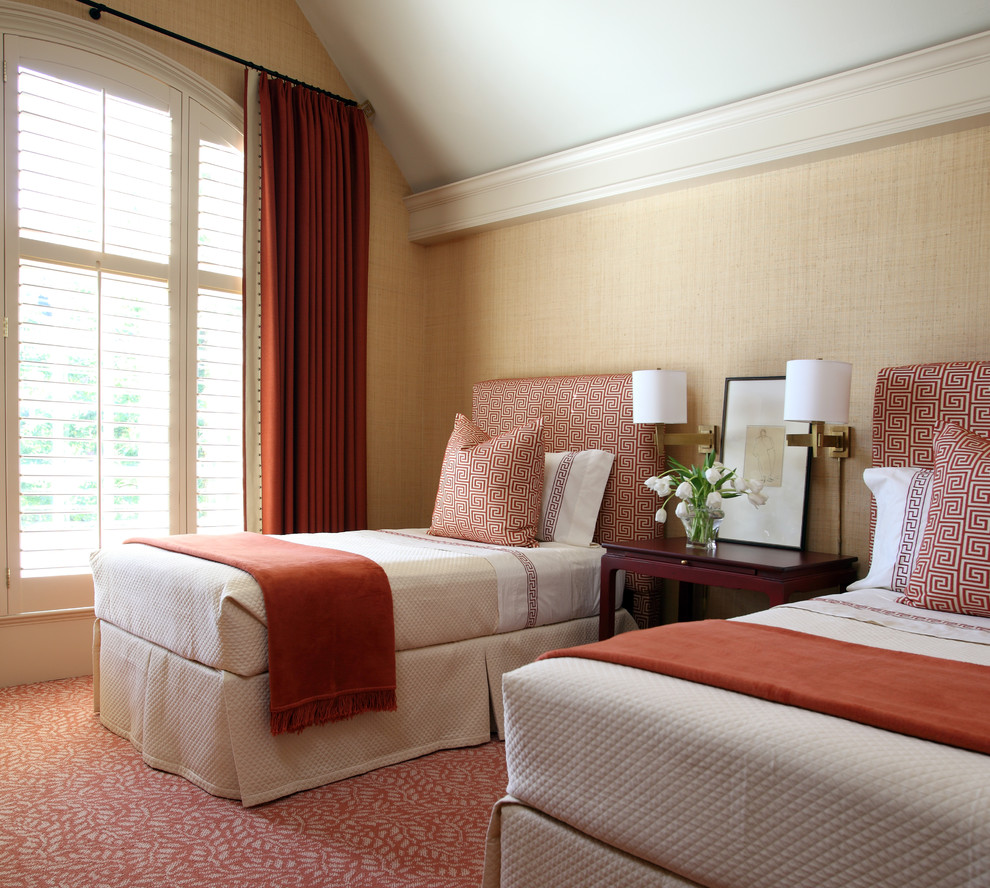 Example of a mid-sized classic guest carpeted bedroom design in Little Rock with beige walls