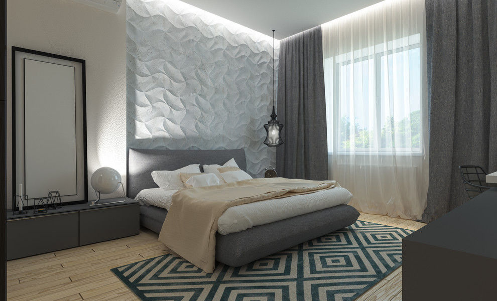 他の地域にある中くらいなコンテンポラリースタイルのおしゃれな客用寝室 (白い壁、淡色無垢フローリング、暖炉なし、茶色い床)