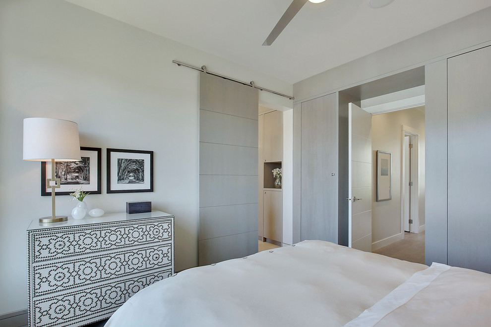 Diseño de dormitorio principal contemporáneo de tamaño medio con paredes grises, suelo de madera en tonos medios y suelo gris