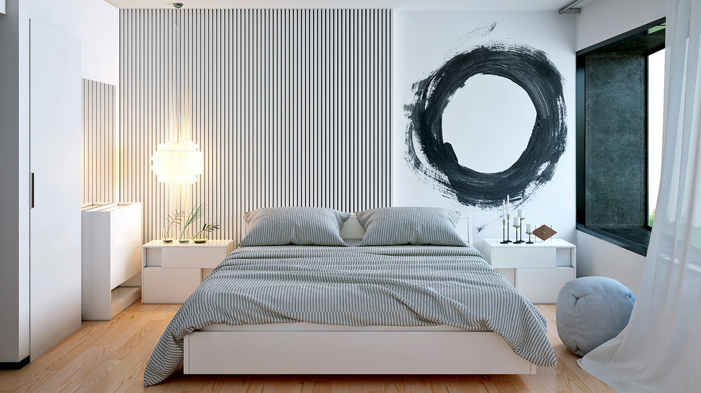 Immagine di una camera da letto contemporanea con pareti bianche, parquet chiaro, nessun camino e pavimento marrone
