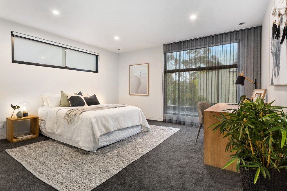 メルボルンにある広いコンテンポラリースタイルのおしゃれな主寝室 (白い壁、カーペット敷き、暖炉なし、グレーの床) のインテリア