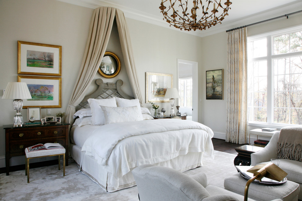 Inspiration for a transitional master dark wood floor and brown floor bedroom remodel in Atlanta with beige walls