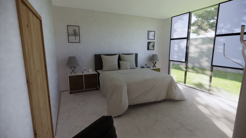 Example of a minimalist master marble floor, white floor, wood ceiling and brick wall bedroom design in Other with white walls and no fireplace