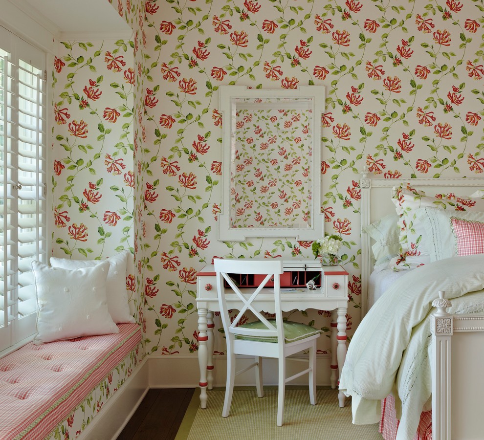 Design ideas for a medium sized shabby-chic style guest bedroom in Other with multi-coloured walls and dark hardwood flooring.