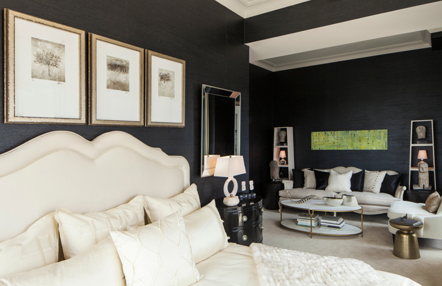 Contemporary cream and black bedroom in Chicago.