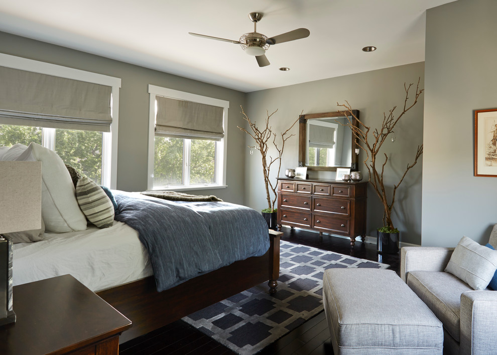Example of a mid-sized transitional master dark wood floor and brown floor bedroom design in Chicago with blue walls and no fireplace