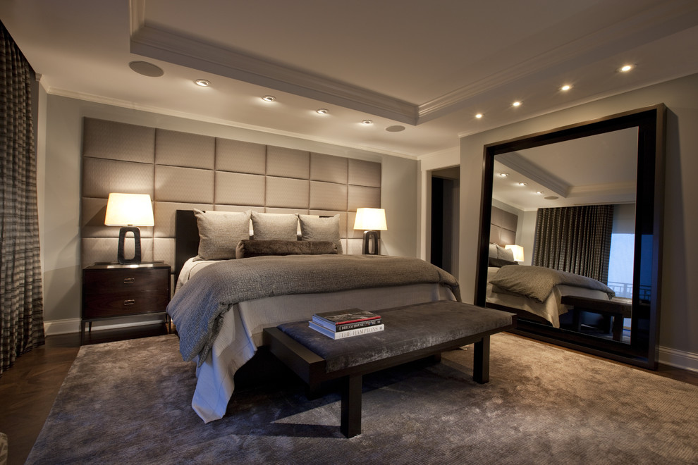 Inspiration for a classic master bedroom in Chicago with grey walls, dark hardwood flooring and feature lighting.