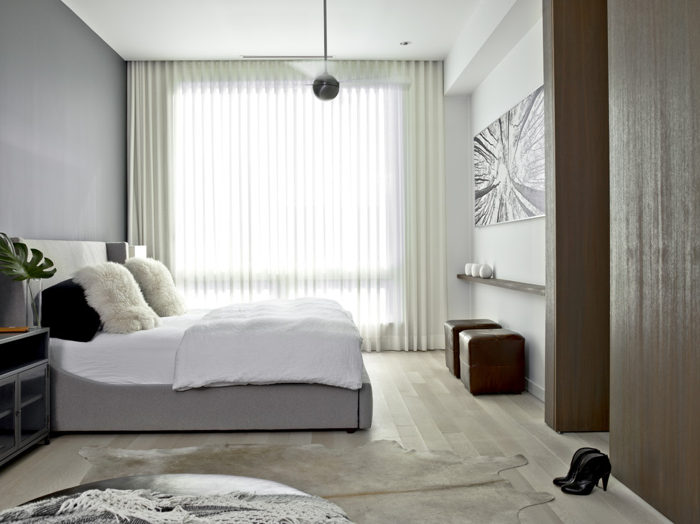 Mittelgroßes Modernes Hauptschlafzimmer ohne Kamin mit grauer Wandfarbe und hellem Holzboden in Chicago