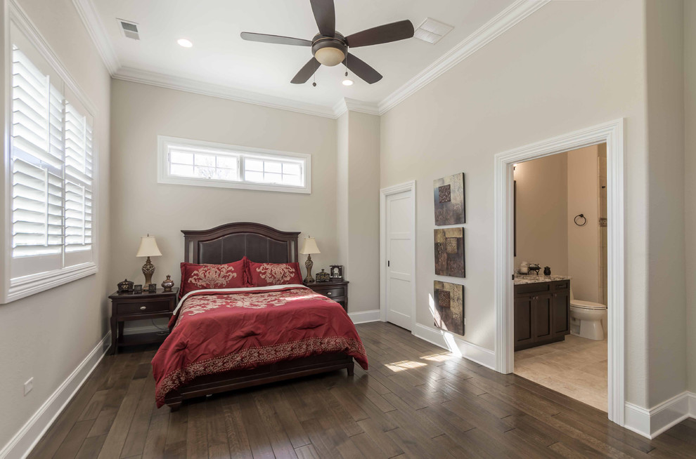 This is an example of a medium sized classic guest bedroom in Chicago with beige walls, medium hardwood flooring, no fireplace, brown floors, a wallpapered ceiling and wallpapered walls.