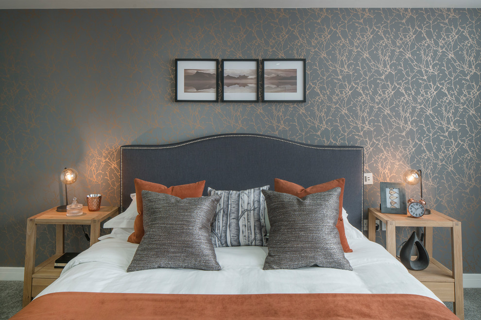 Bedroom - transitional master carpeted bedroom idea in London with gray walls
