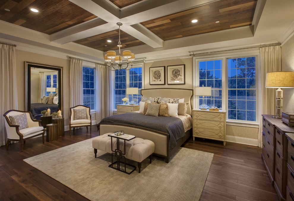 Example of a transitional master dark wood floor bedroom design in Chicago with beige walls and no fireplace