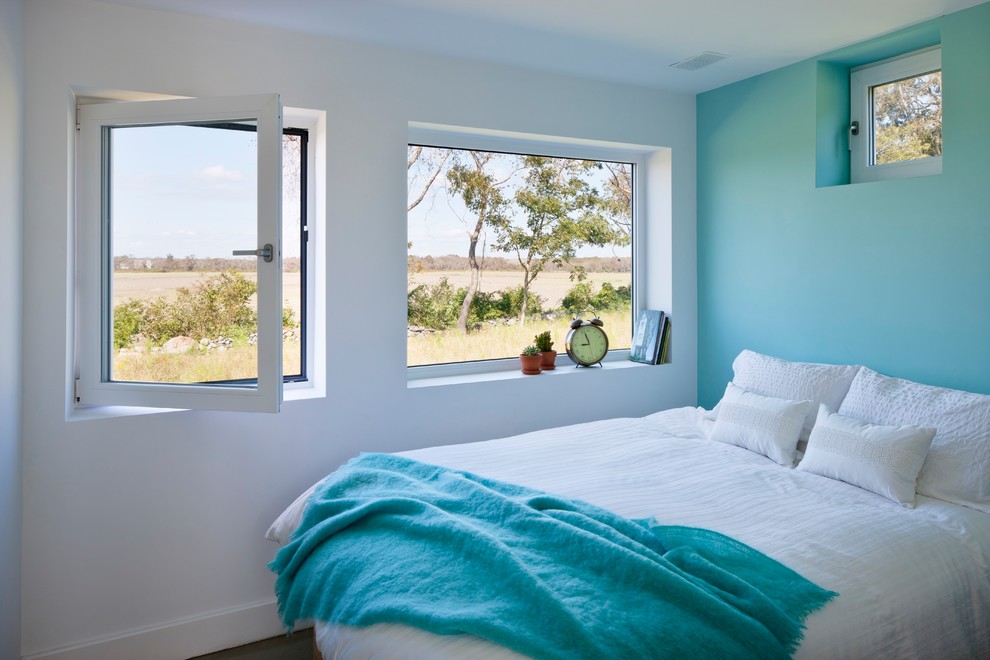 Idee per una camera da letto contemporanea con pareti blu, parquet scuro e pavimento marrone