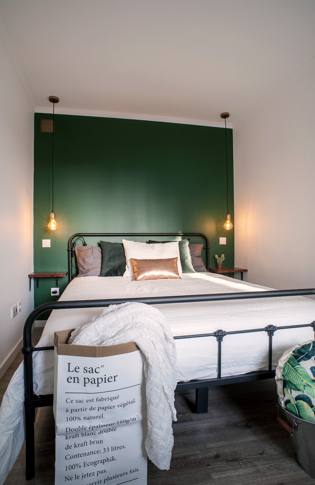 Bedroom - small transitional master linoleum floor and gray floor bedroom idea in Other with green walls and no fireplace
