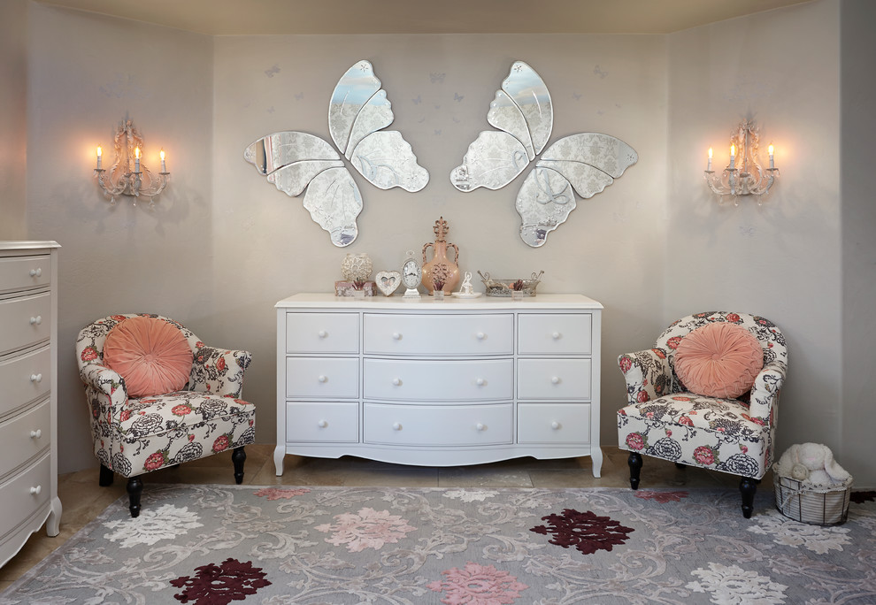 This is an example of a romantic grey and pink bedroom in Phoenix with grey walls.