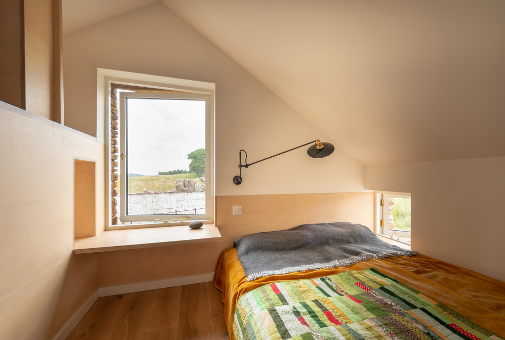 Ejemplo de habitación de invitados abovedada nórdica pequeña sin chimenea con paredes blancas, suelo de madera clara, suelo marrón y panelado