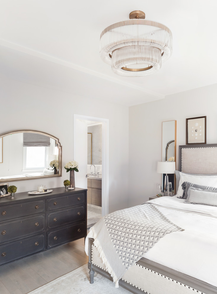ニューヨークにあるトランジショナルスタイルのおしゃれな主寝室 (白い壁、淡色無垢フローリング、グレーとクリーム色) のインテリア