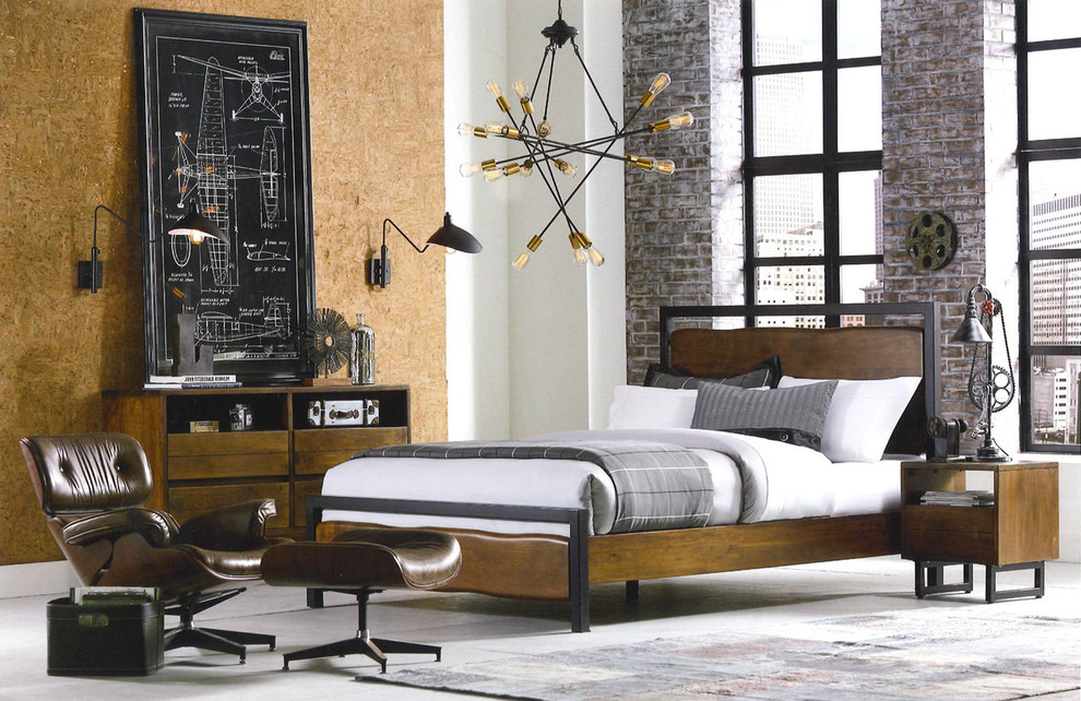 Modelo de dormitorio tipo loft industrial de tamaño medio con paredes grises