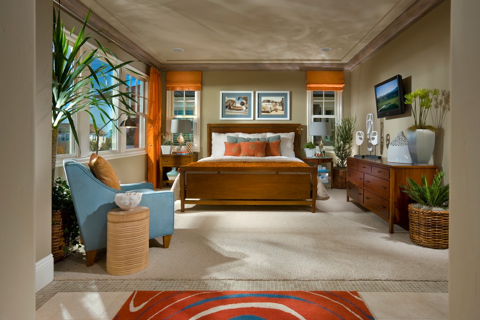 Inspiration for a large coastal master medium tone wood floor bedroom remodel in Los Angeles with multicolored walls