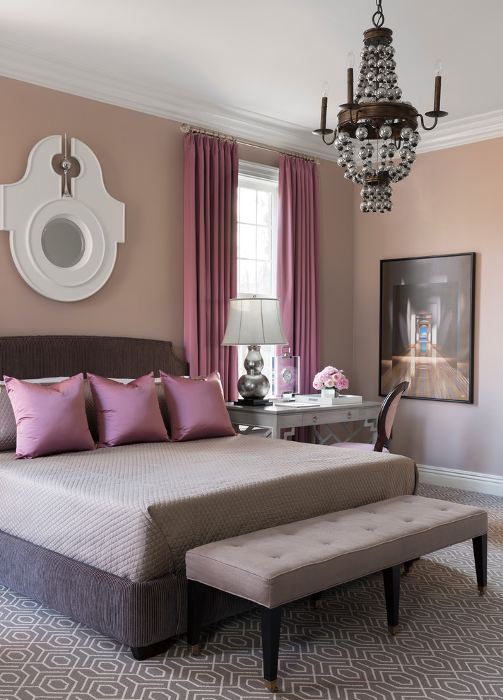 Large transitional master carpeted bedroom photo in Little Rock with no fireplace and brown walls