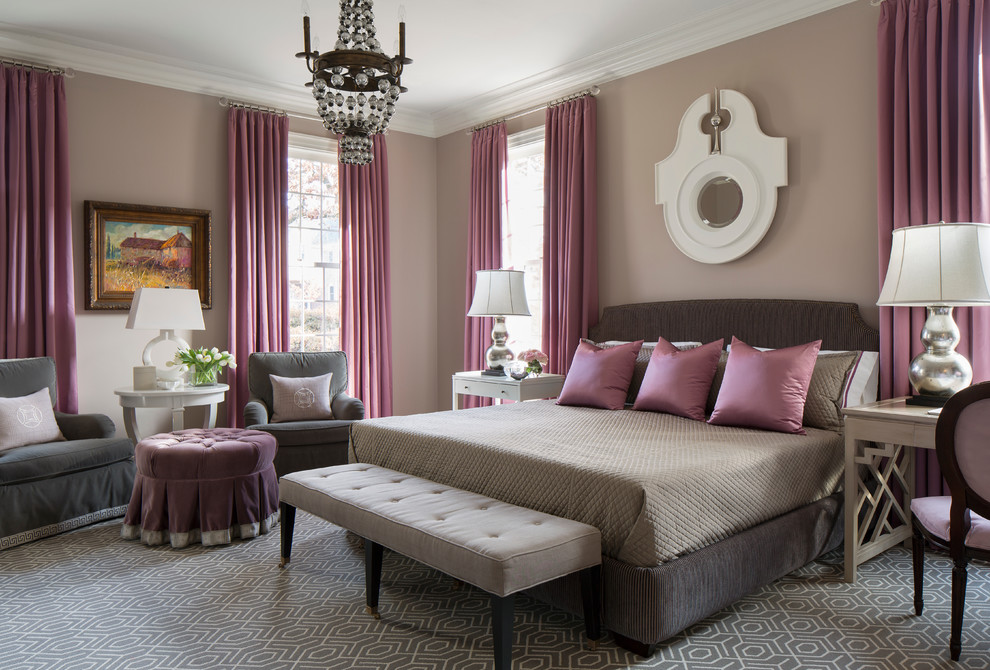 Inspiration for a large transitional master carpeted bedroom remodel in Little Rock with no fireplace and purple walls