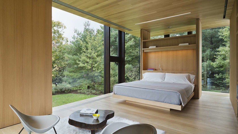 Immagine di una camera degli ospiti minimalista di medie dimensioni con pareti marroni, parquet chiaro e nessun camino