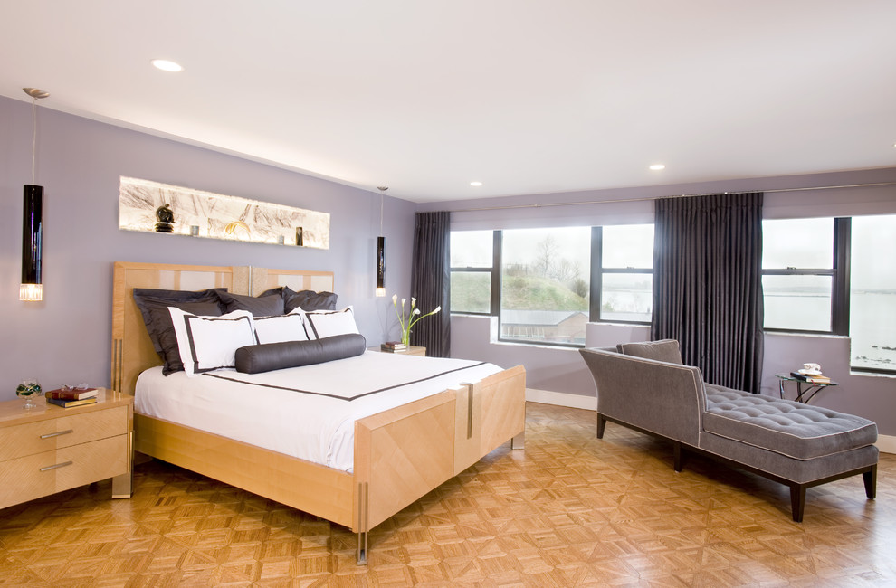 Bedroom - contemporary bedroom idea in Boston with purple walls