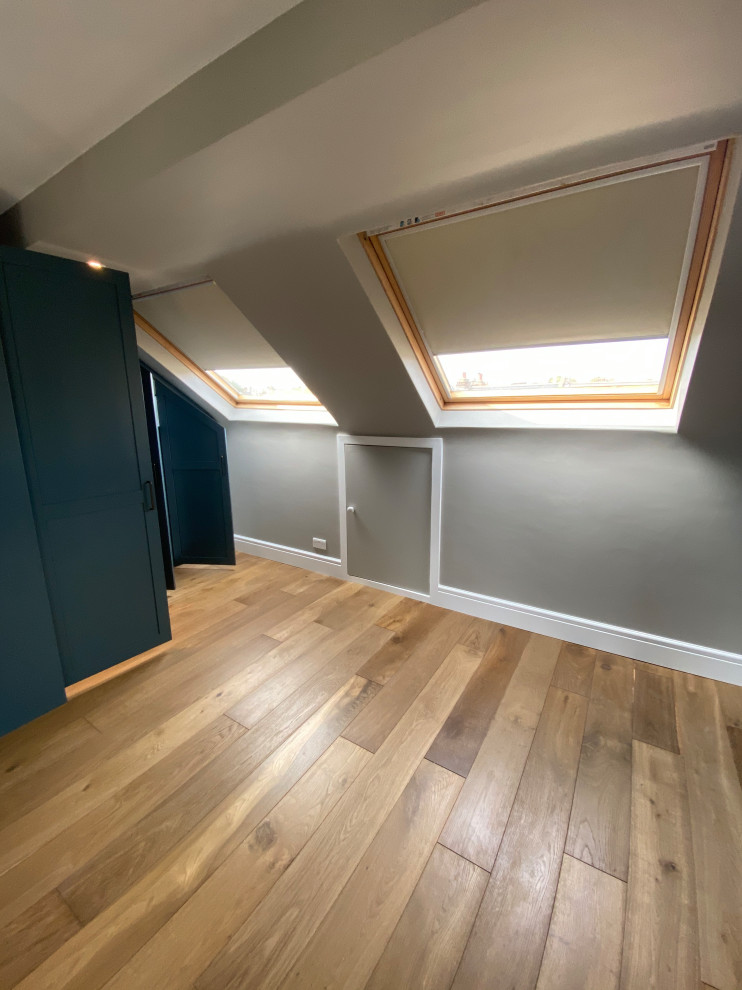 Photo of a medium sized contemporary master bedroom in London with blue walls, medium hardwood flooring and brown floors.