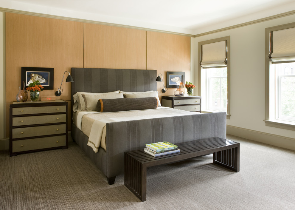 Bedroom - large transitional master carpeted and gray floor bedroom idea in DC Metro with beige walls and no fireplace