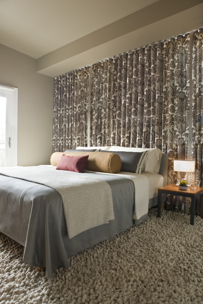 Bedroom - large contemporary master carpeted and gray floor bedroom idea in DC Metro with brown walls and no fireplace