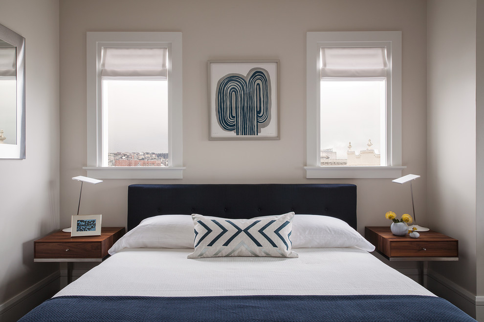 サンフランシスコにあるコンテンポラリースタイルのおしゃれな寝室 (ベージュの壁、グレーとクリーム色) のレイアウト