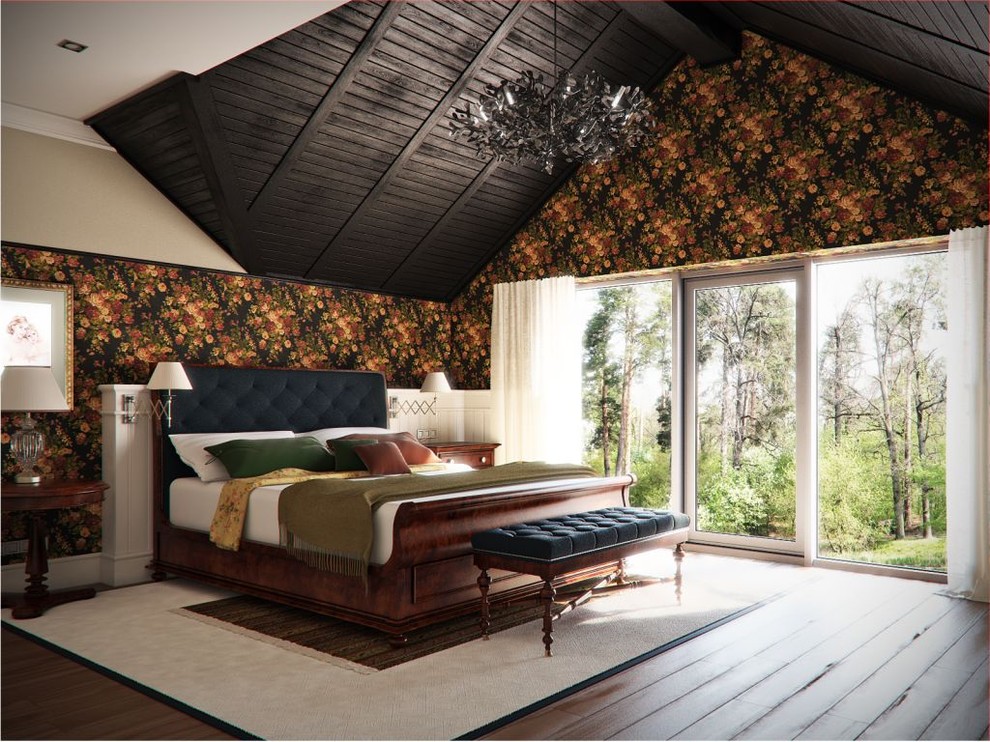 Idée de décoration pour une chambre tradition avec un mur multicolore et parquet foncé.