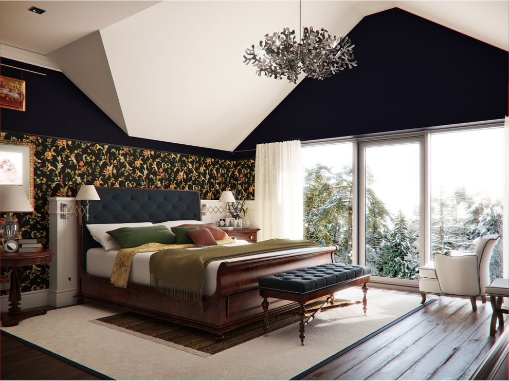 Foto de dormitorio clásico sin chimenea con paredes negras y suelo de madera oscura