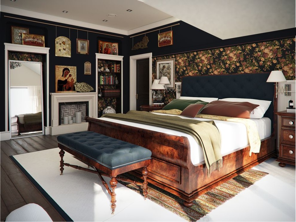 サクラメントにあるトランジショナルスタイルのおしゃれな主寝室 (黒い壁、濃色無垢フローリング、暖炉なし) のレイアウト