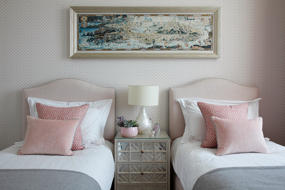 Inspiration for a traditional grey and pink bedroom in London.