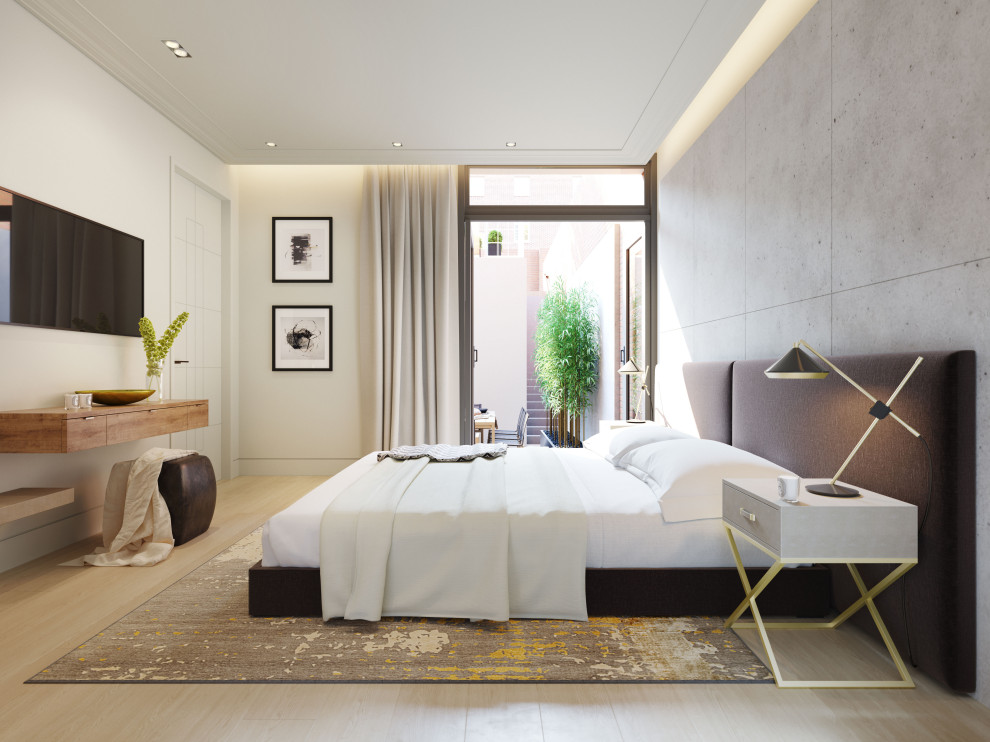 Großes Modernes Hauptschlafzimmer ohne Kamin mit weißer Wandfarbe, hellem Holzboden, beigem Boden und eingelassener Decke in London
