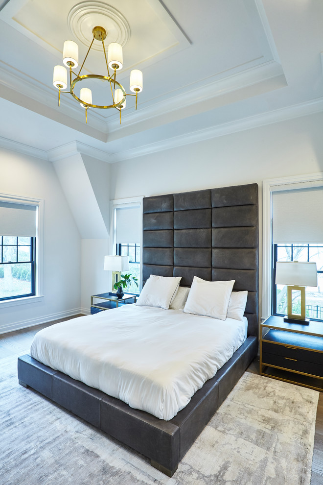 Пример оригинального дизайна: большая хозяйская спальня в стиле модернизм с белыми стенами