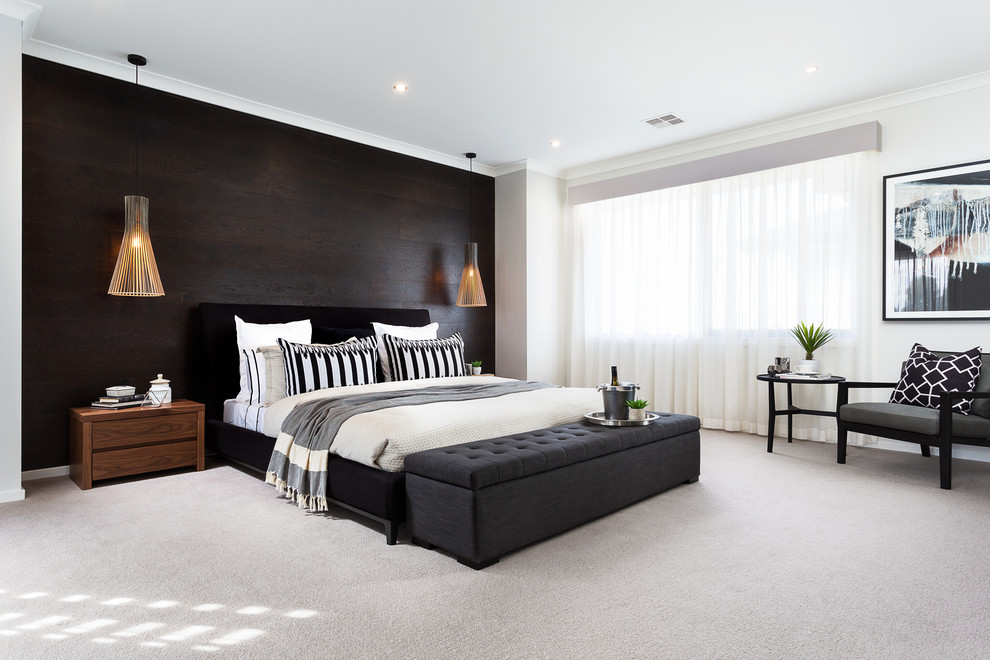 Свежая идея для дизайна: спальня в современном стиле с белыми стенами и ковровым покрытием без камина - отличное фото интерьера