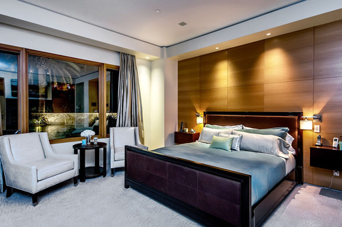 Bedroom with wooden panelling