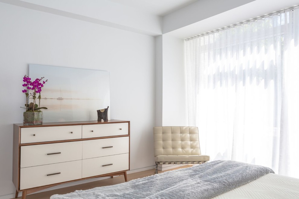 Diseño de dormitorio principal moderno de tamaño medio sin chimenea con paredes blancas y suelo de madera clara