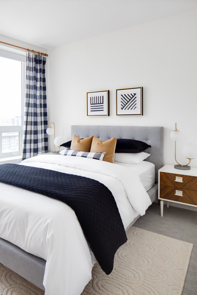 Пример оригинального дизайна: гостевая спальня среднего размера, (комната для гостей) в стиле ретро с белыми стенами, ковровым покрытием и серым полом без камина