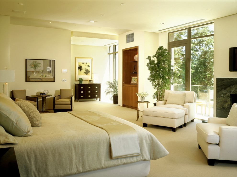 Modernes Hauptschlafzimmer mit weißer Wandfarbe, Teppichboden und Kaminumrandung aus Stein in Los Angeles
