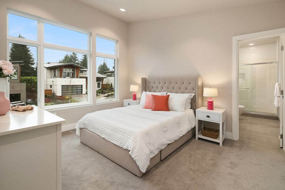 Photo of a classic master bedroom in Seattle with beige walls, carpet and beige floors.
