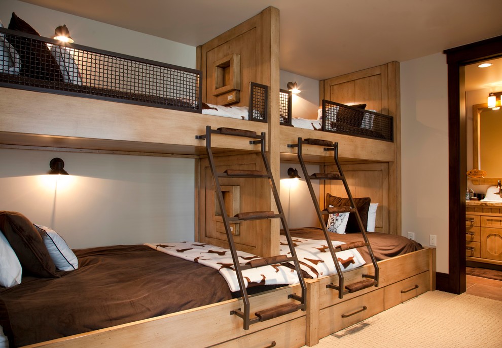 Rustic bedroom in Salt Lake City with beige walls and carpet.