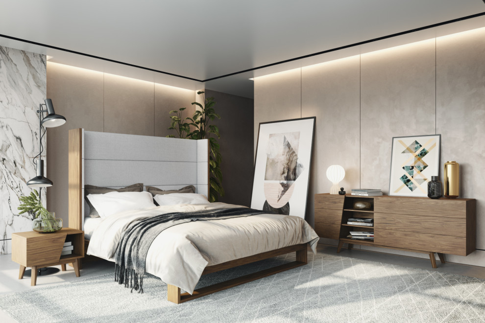 Diseño de dormitorio principal contemporáneo de tamaño medio con paredes marrones, suelo de madera oscura, suelo gris, madera y ladrillo