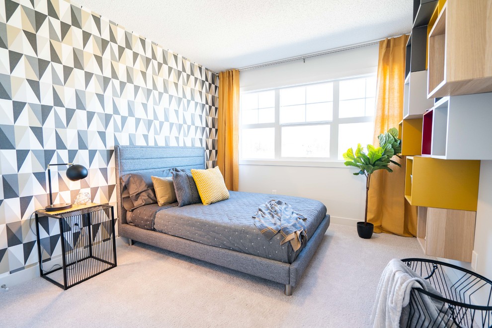 Esempio di una camera degli ospiti minimal di medie dimensioni con pareti bianche, moquette, nessun camino e pavimento beige
