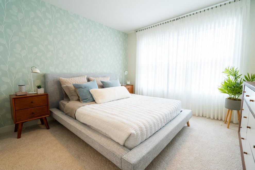 This is an example of a medium sized scandi guest bedroom in Edmonton with grey walls, carpet, no fireplace and white floors.