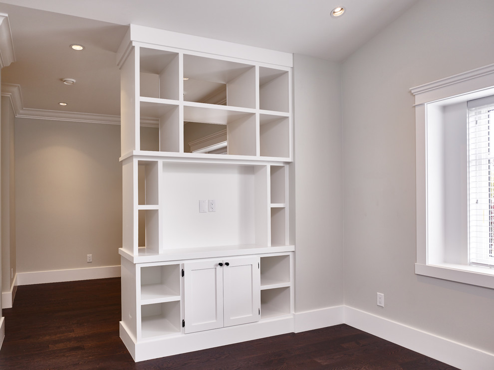 Inspiration for a transitional master dark wood floor bedroom remodel in Vancouver with gray walls and no fireplace