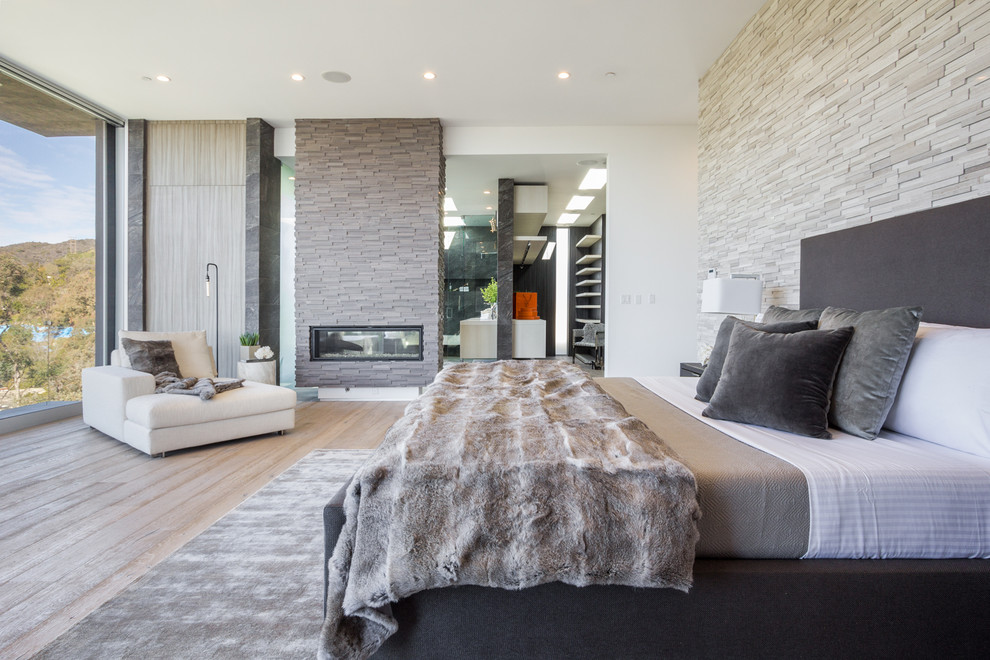 Esempio di una camera da letto design con pareti bianche, parquet chiaro e camino bifacciale