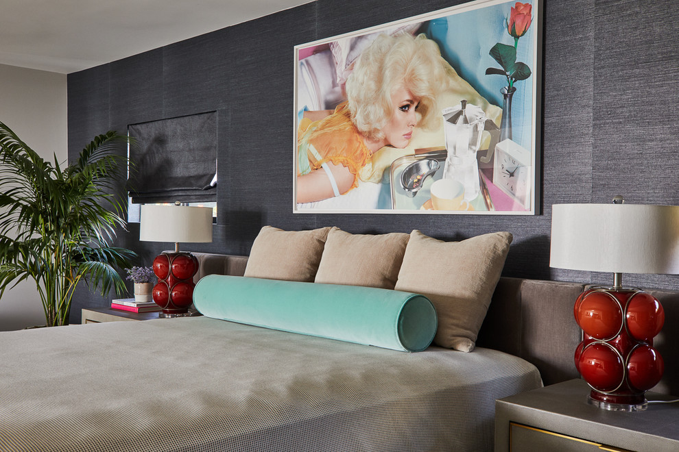 This is an example of a contemporary bedroom in Los Angeles with grey walls.