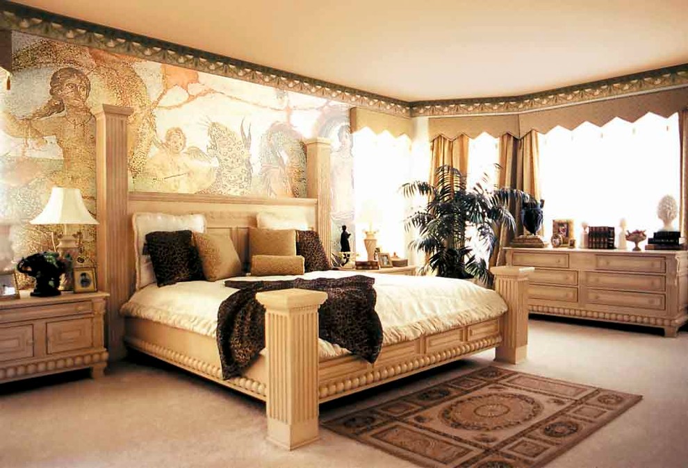 Ejemplo de dormitorio principal mediterráneo de tamaño medio con paredes multicolor y moqueta